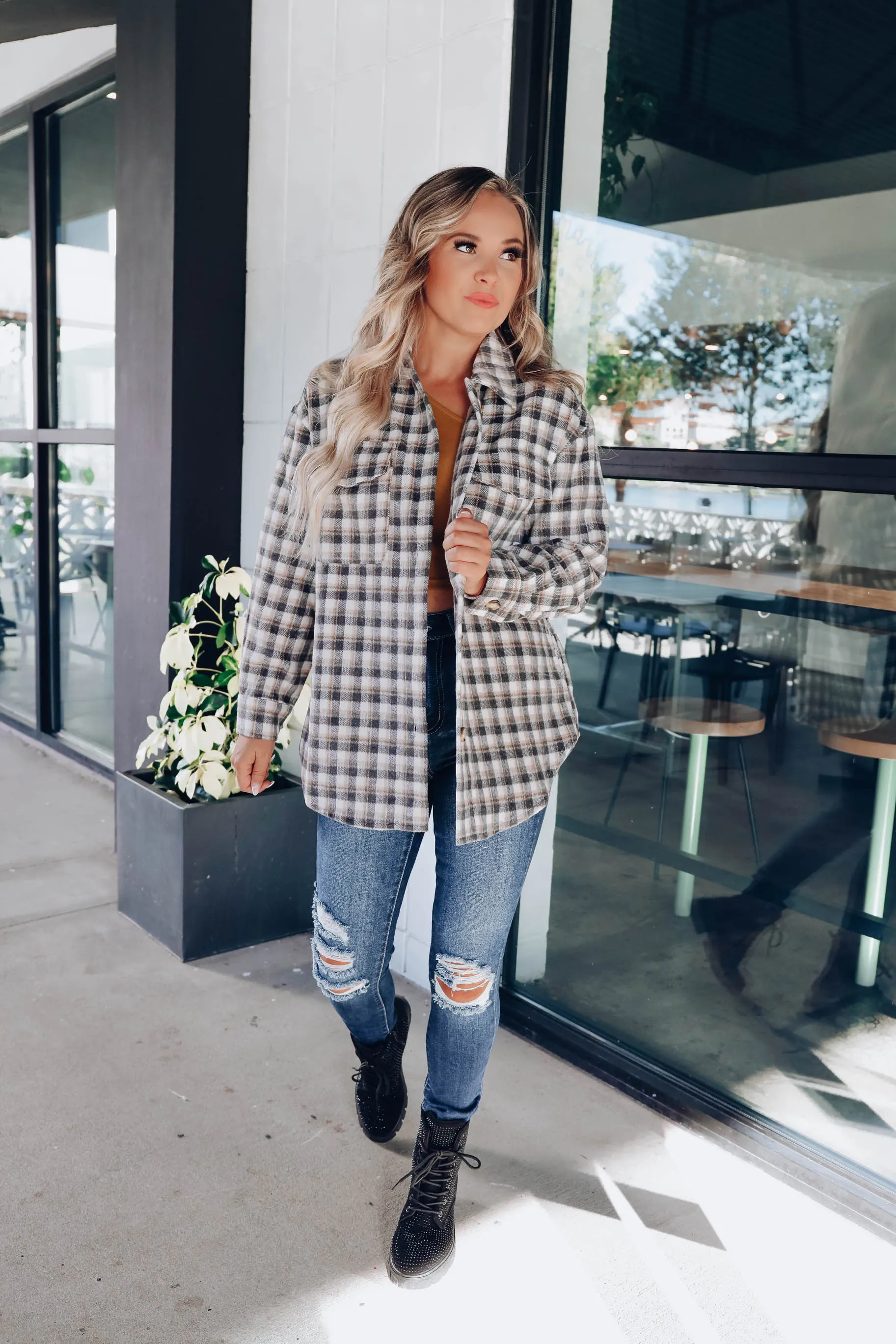 Delightfully Warm Plaid Shacket - Charcoal