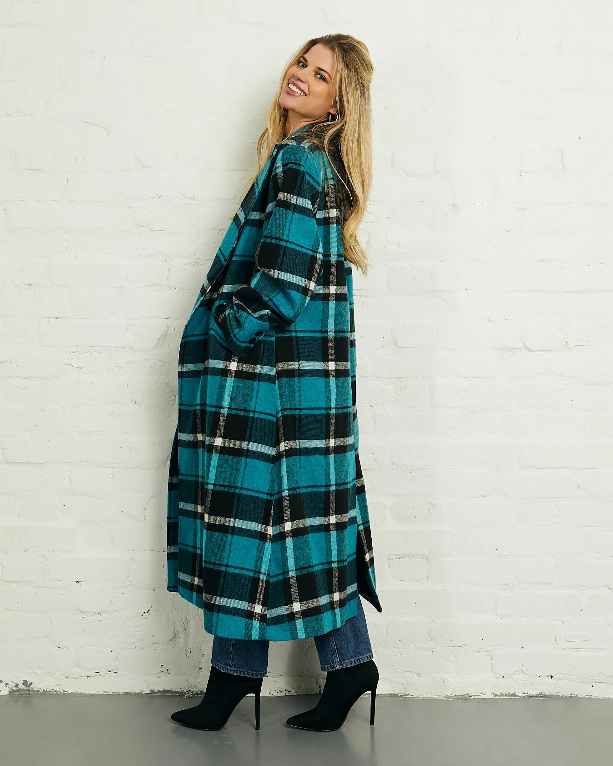 Double Breasted Long Coat in Blue and Black Check