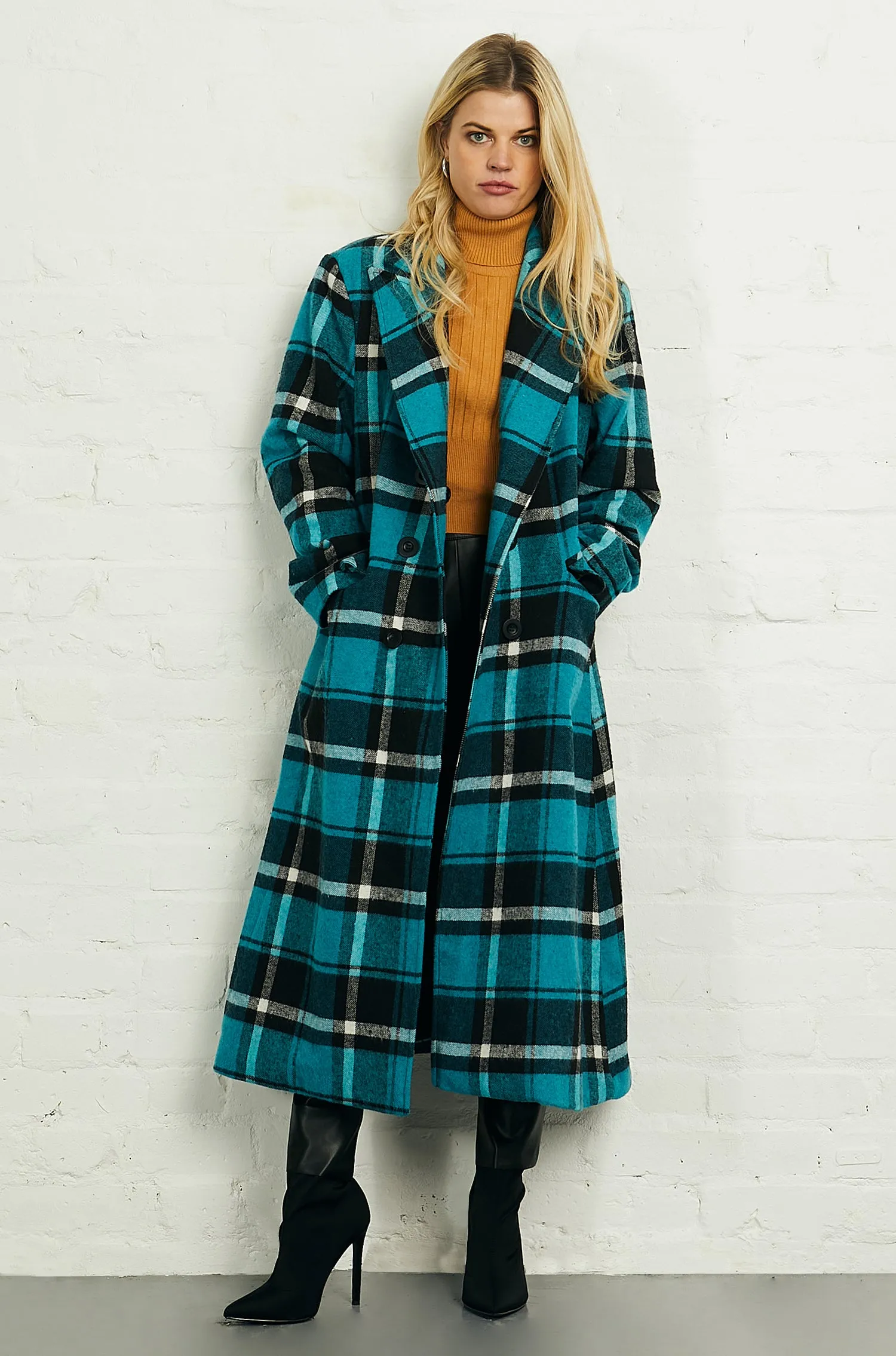 Double Breasted Long Coat in Blue and Black Check