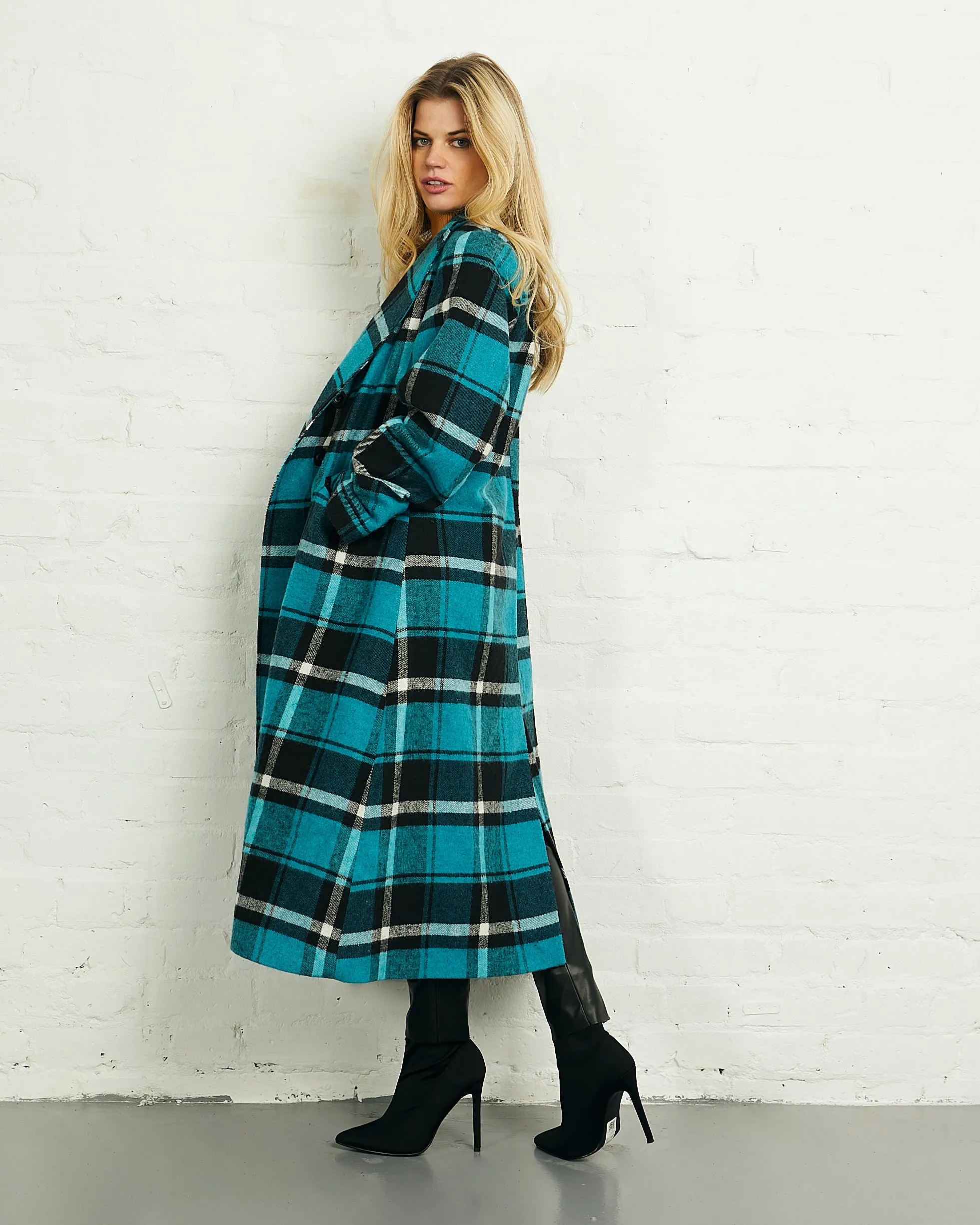 Double Breasted Long Coat in Blue and Black Check