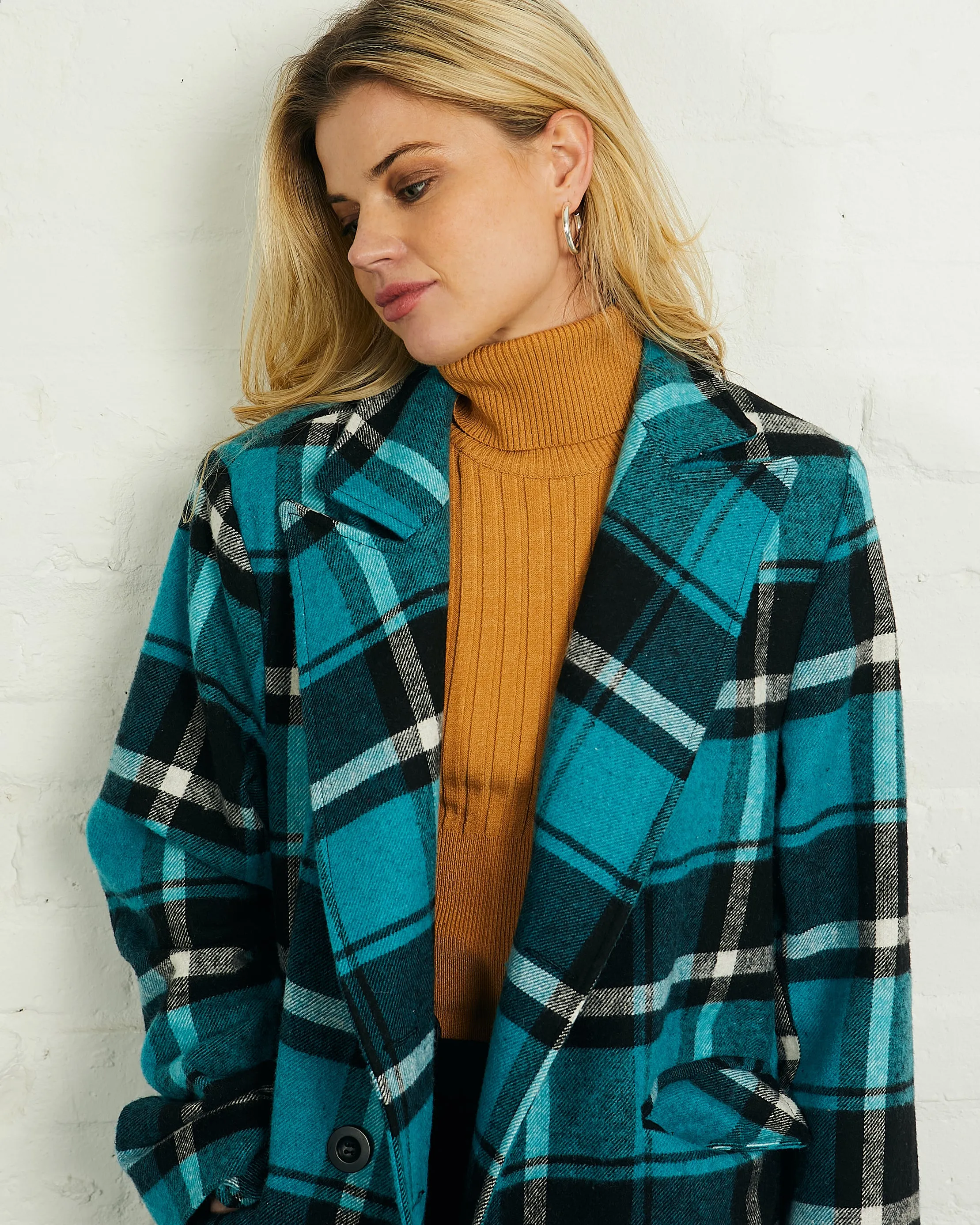 Double Breasted Long Coat in Blue and Black Check