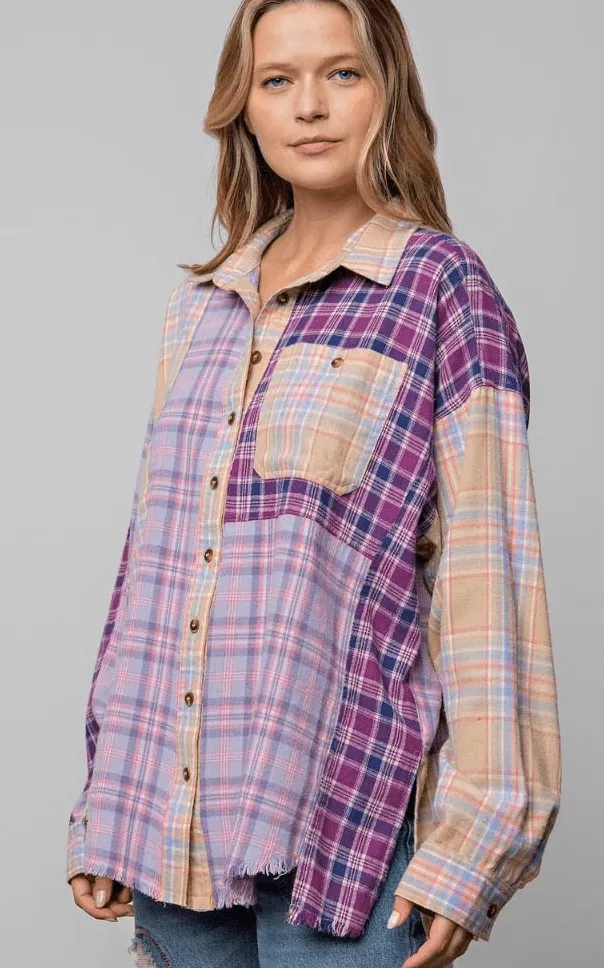 Easel Plus Size PLAID MIX N MATCH BUTTON DOWN SHIRT in Purples