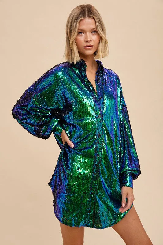 Emerald Long Sleeve Sequin Shirt Dress Button Down