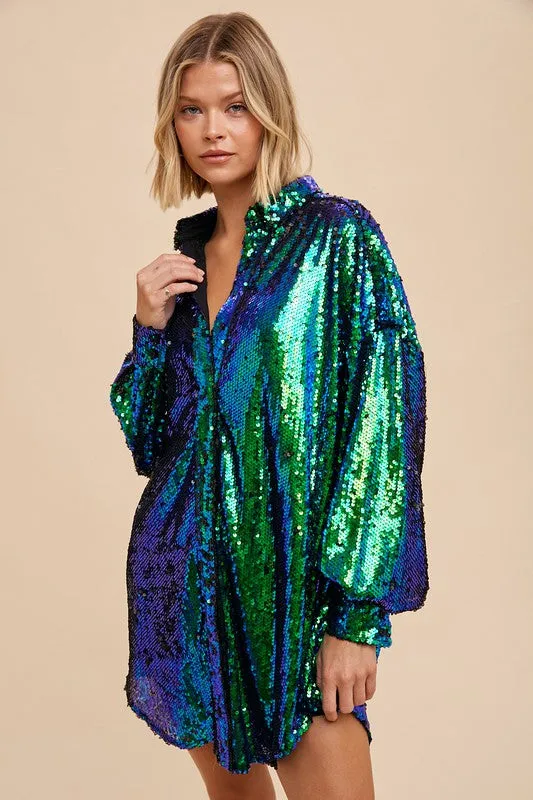 Emerald Long Sleeve Sequin Shirt Dress Button Down