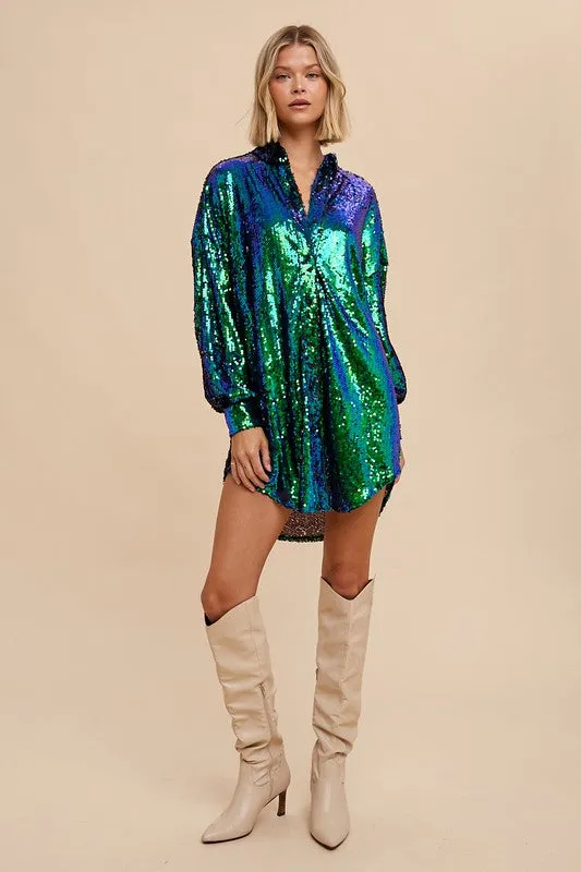 Emerald Long Sleeve Sequin Shirt Dress Button Down