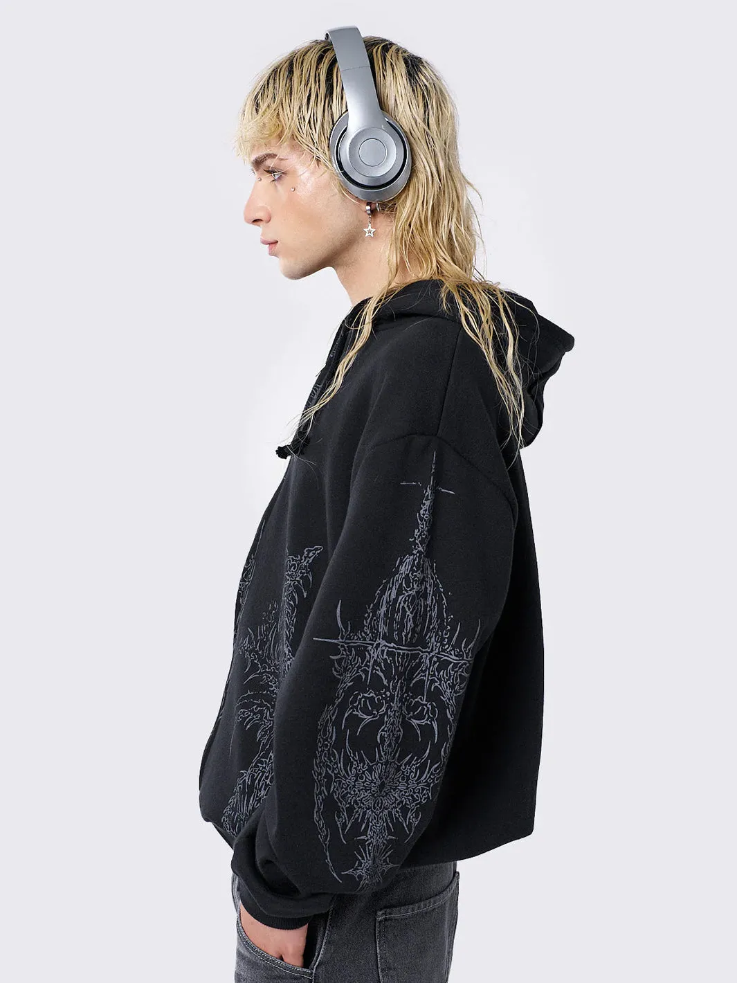 ENIGMATIC BLACK OVERSIZE ZIP HOODIE