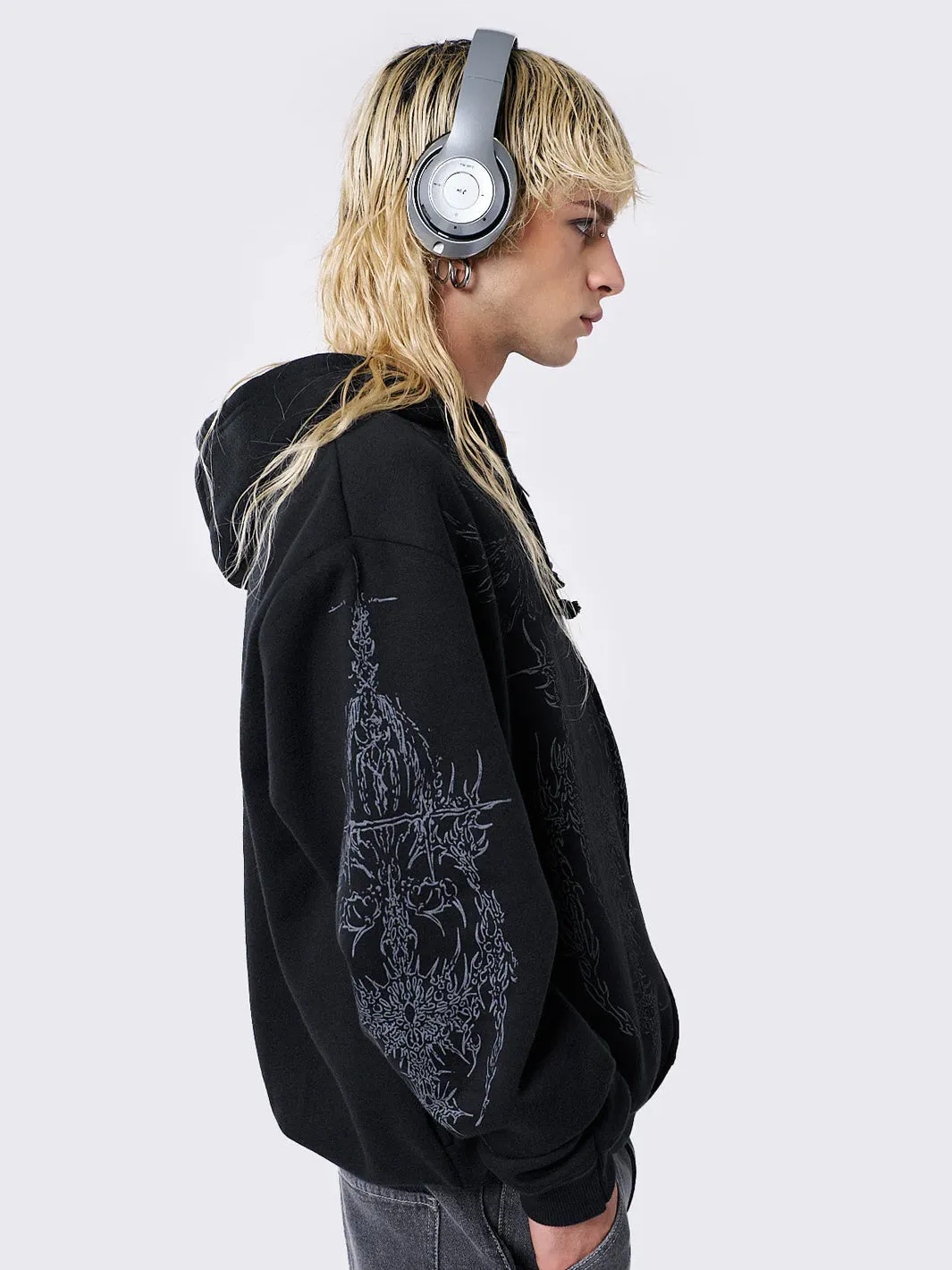 ENIGMATIC BLACK OVERSIZE ZIP HOODIE