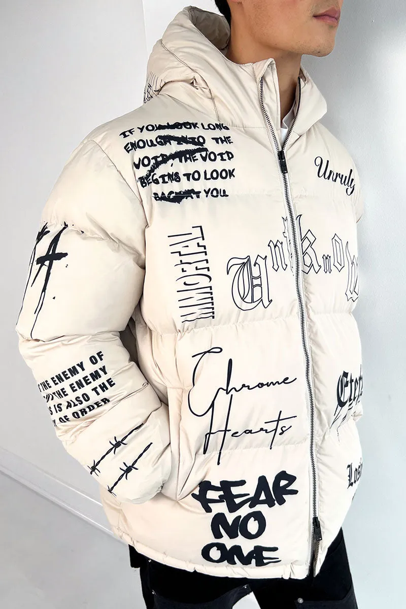 Eternal Graffiti Print Puffer Jacket - Off White