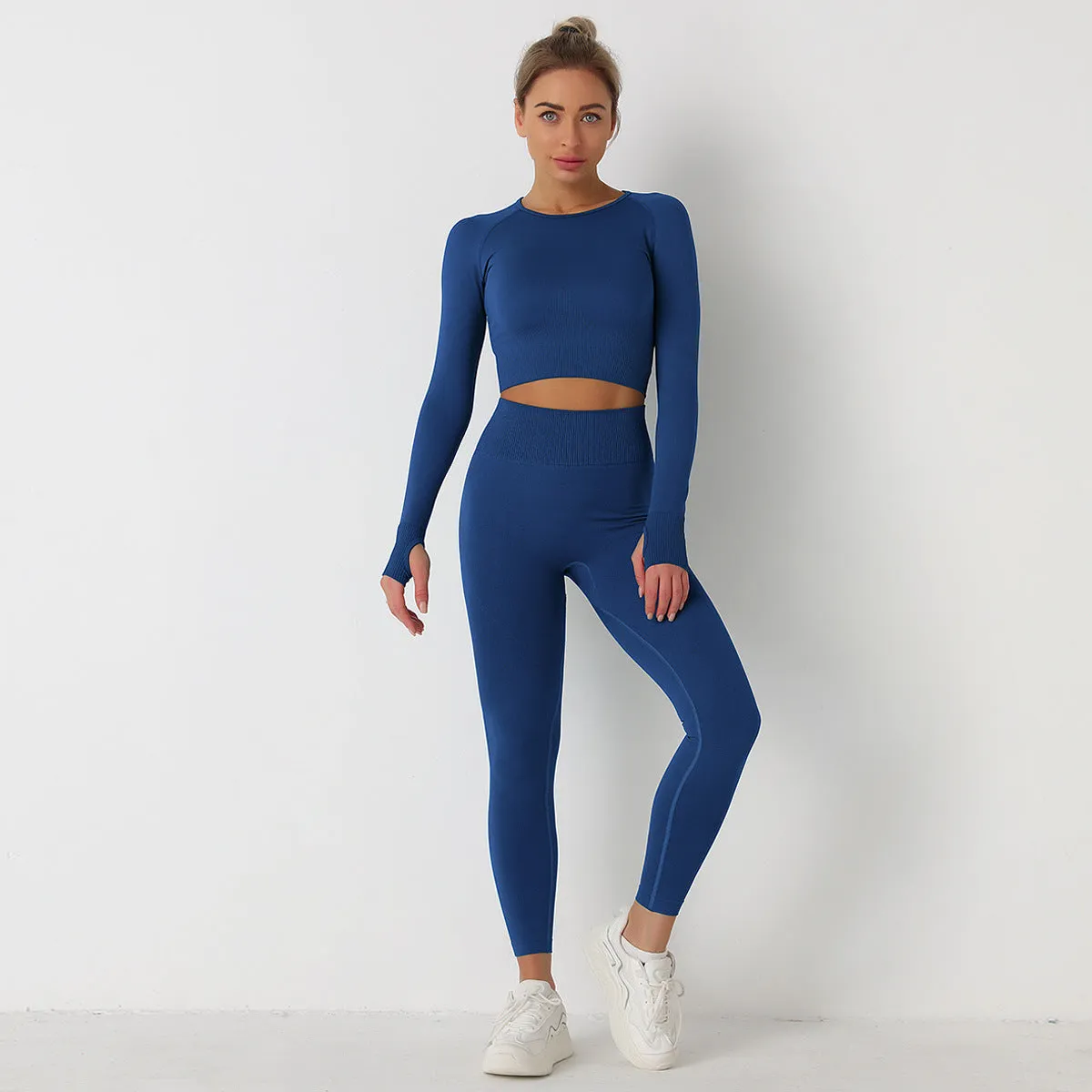 European and American Knitted Solid Color Seamless Long-Sleeved Trousers Yoga Suit Sports Fitness Two-Piece Set