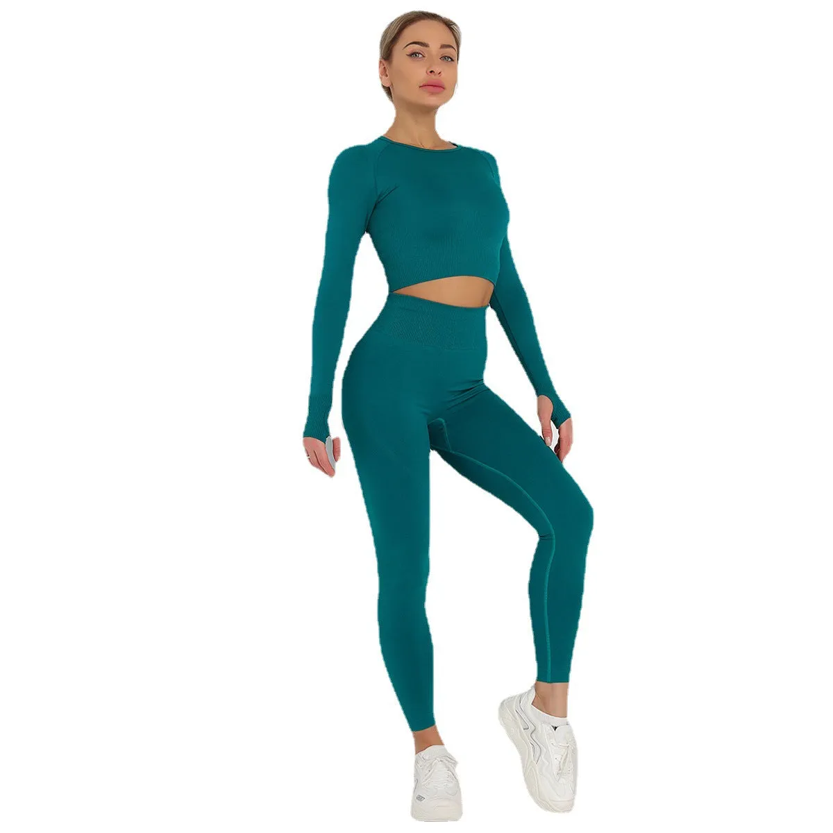 European and American Knitted Solid Color Seamless Long-Sleeved Trousers Yoga Suit Sports Fitness Two-Piece Set