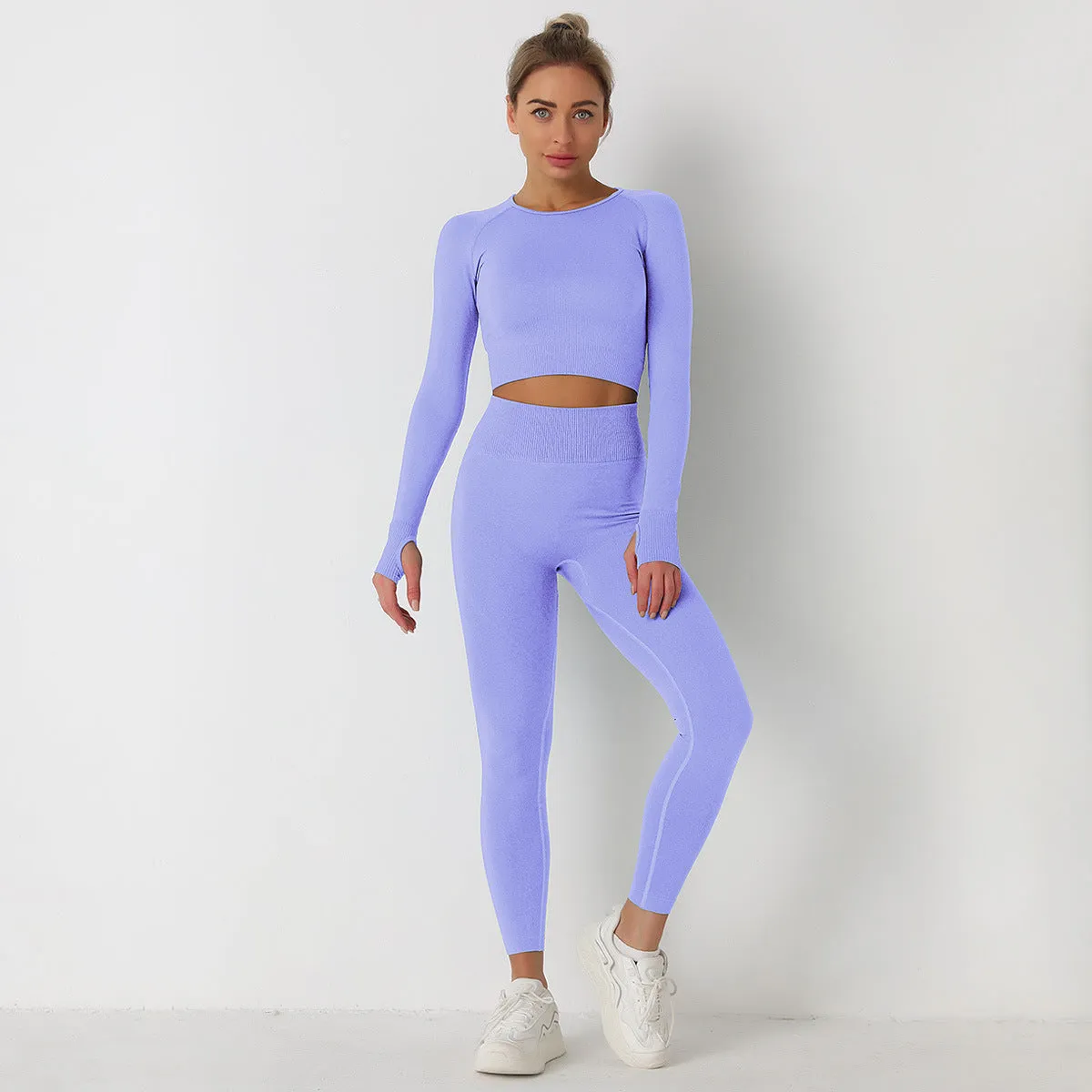 European and American Knitted Solid Color Seamless Long-Sleeved Trousers Yoga Suit Sports Fitness Two-Piece Set