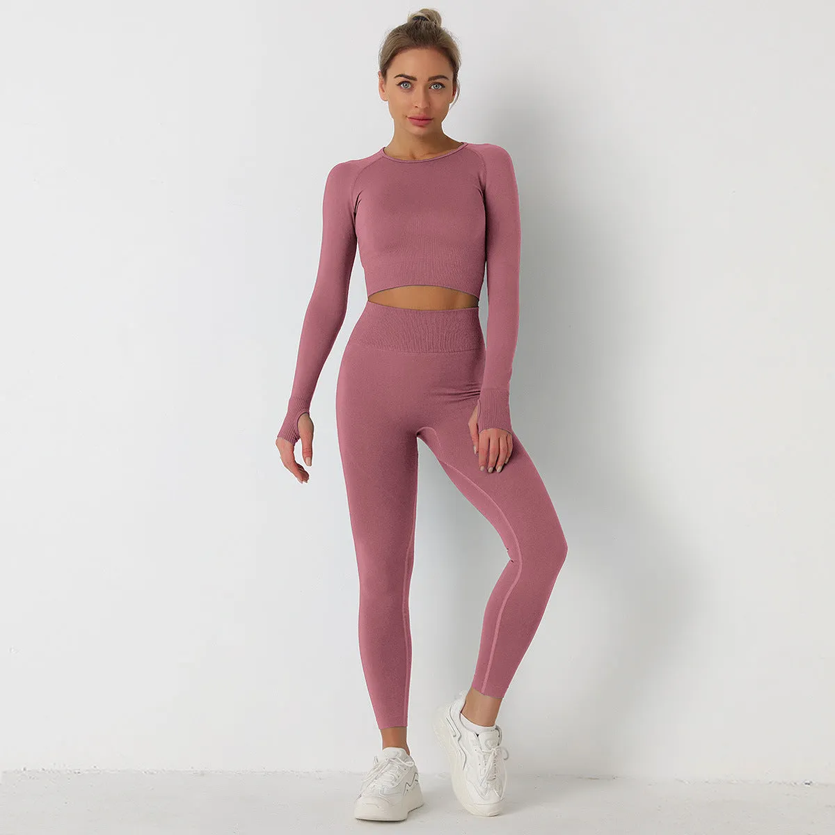 European and American Knitted Solid Color Seamless Long-Sleeved Trousers Yoga Suit Sports Fitness Two-Piece Set