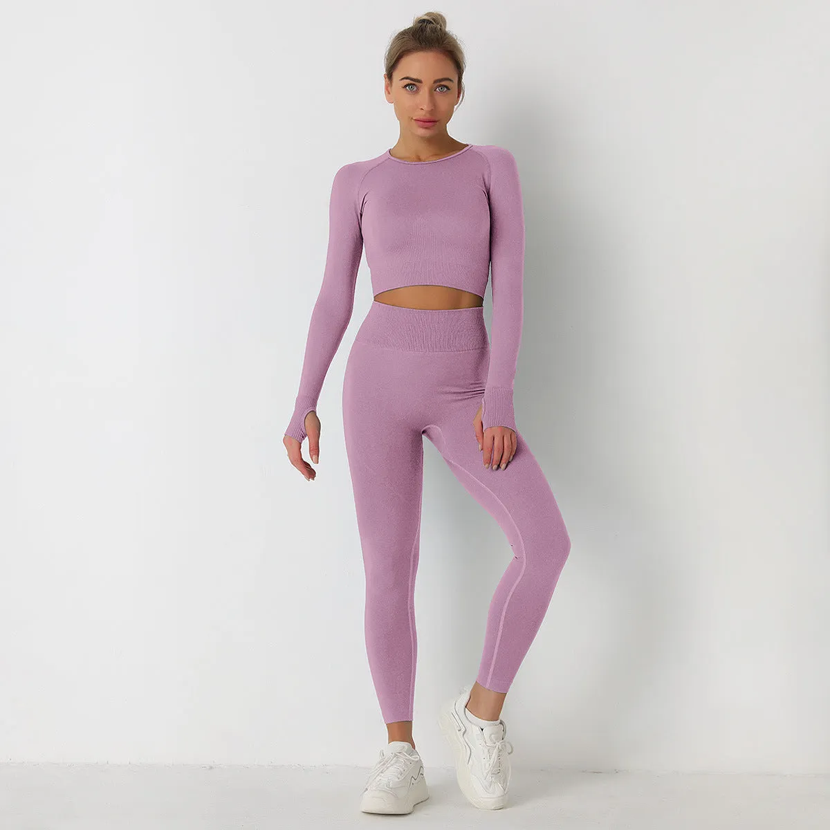 European and American Knitted Solid Color Seamless Long-Sleeved Trousers Yoga Suit Sports Fitness Two-Piece Set