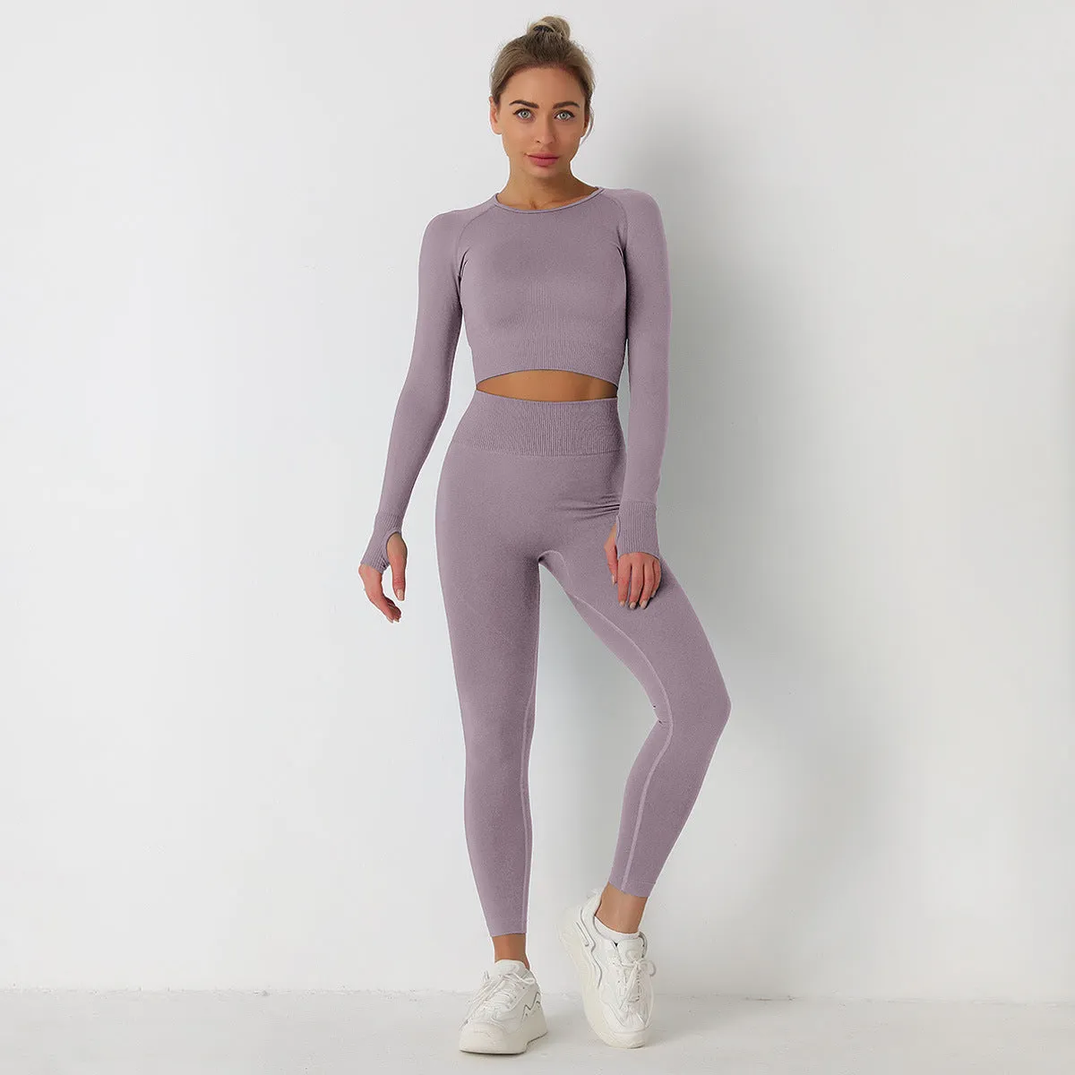 European and American Knitted Solid Color Seamless Long-Sleeved Trousers Yoga Suit Sports Fitness Two-Piece Set