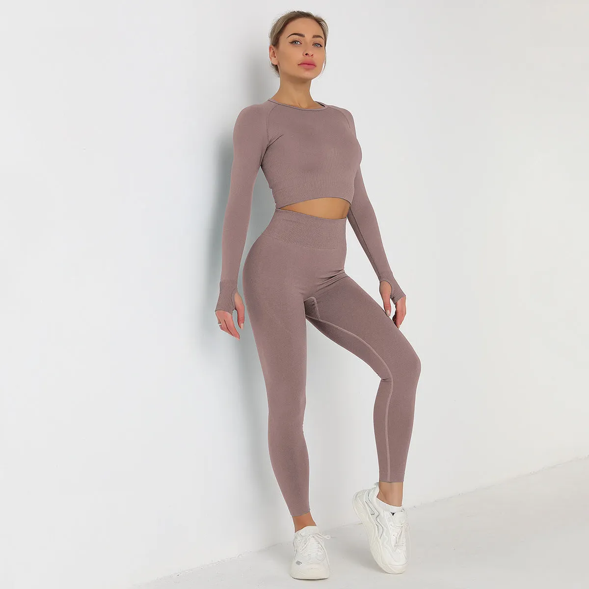 European and American Knitted Solid Color Seamless Long-Sleeved Trousers Yoga Suit Sports Fitness Two-Piece Set