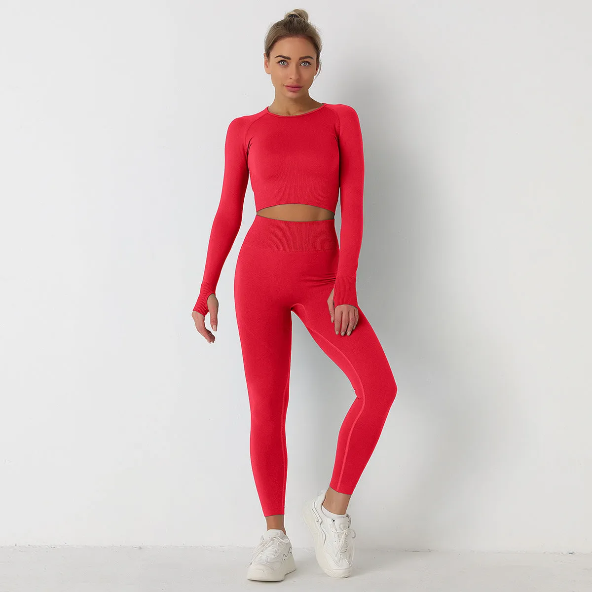 European and American Knitted Solid Color Seamless Long-Sleeved Trousers Yoga Suit Sports Fitness Two-Piece Set