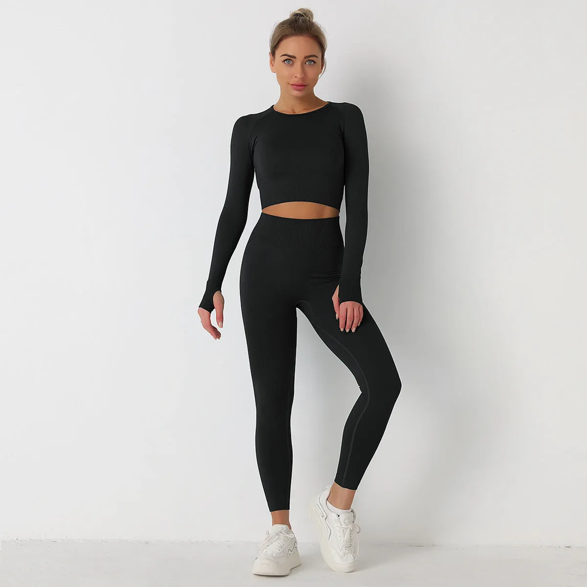 European and American Knitted Solid Color Seamless Long-Sleeved Trousers Yoga Suit Sports Fitness Two-Piece Set