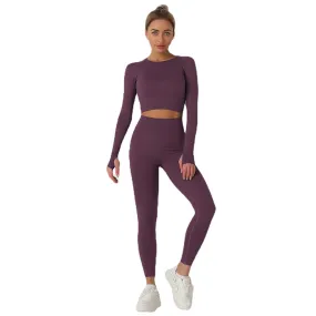 European and American Knitted Solid Color Seamless Long-Sleeved Trousers Yoga Suit Sports Fitness Two-Piece Set