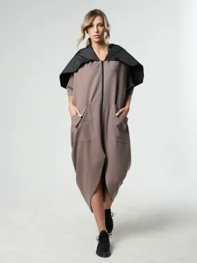 Extravagant Zipper Dress With Shoulder Cape in Moccachino