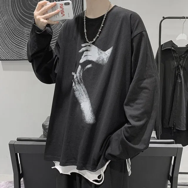 Fall Long Sleeve T-Shirt Fashion Loose Ulzzang Print Tops Hip Hop Oversized T Shirts Men Clothing Korean Style Clothes