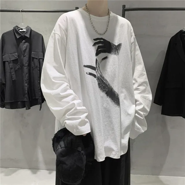 Fall Long Sleeve T-Shirt Fashion Loose Ulzzang Print Tops Hip Hop Oversized T Shirts Men Clothing Korean Style Clothes