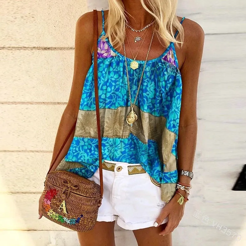 Fashion casual camisole women loose print ethnic style beach camisole T-shirt