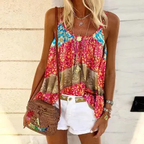 Fashion casual camisole women loose print ethnic style beach camisole T-shirt