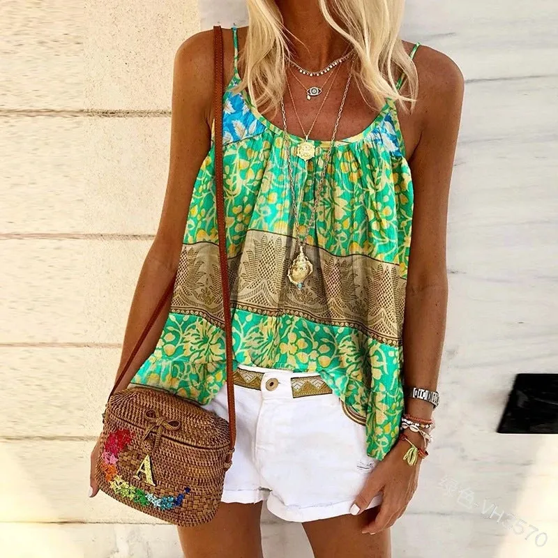 Fashion casual camisole women loose print ethnic style beach camisole T-shirt