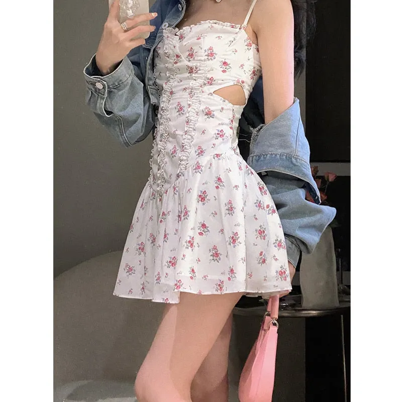 Fashionkova  Women's Dress Broken Flower White Spaghetti Strap Short Skirt Korean Fashion Sexy Hottie Style New 2022 Summer Slip Girl Dress