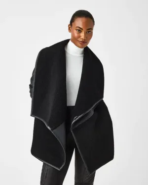 Fleece & Faux Leather Long Wrap Jacket