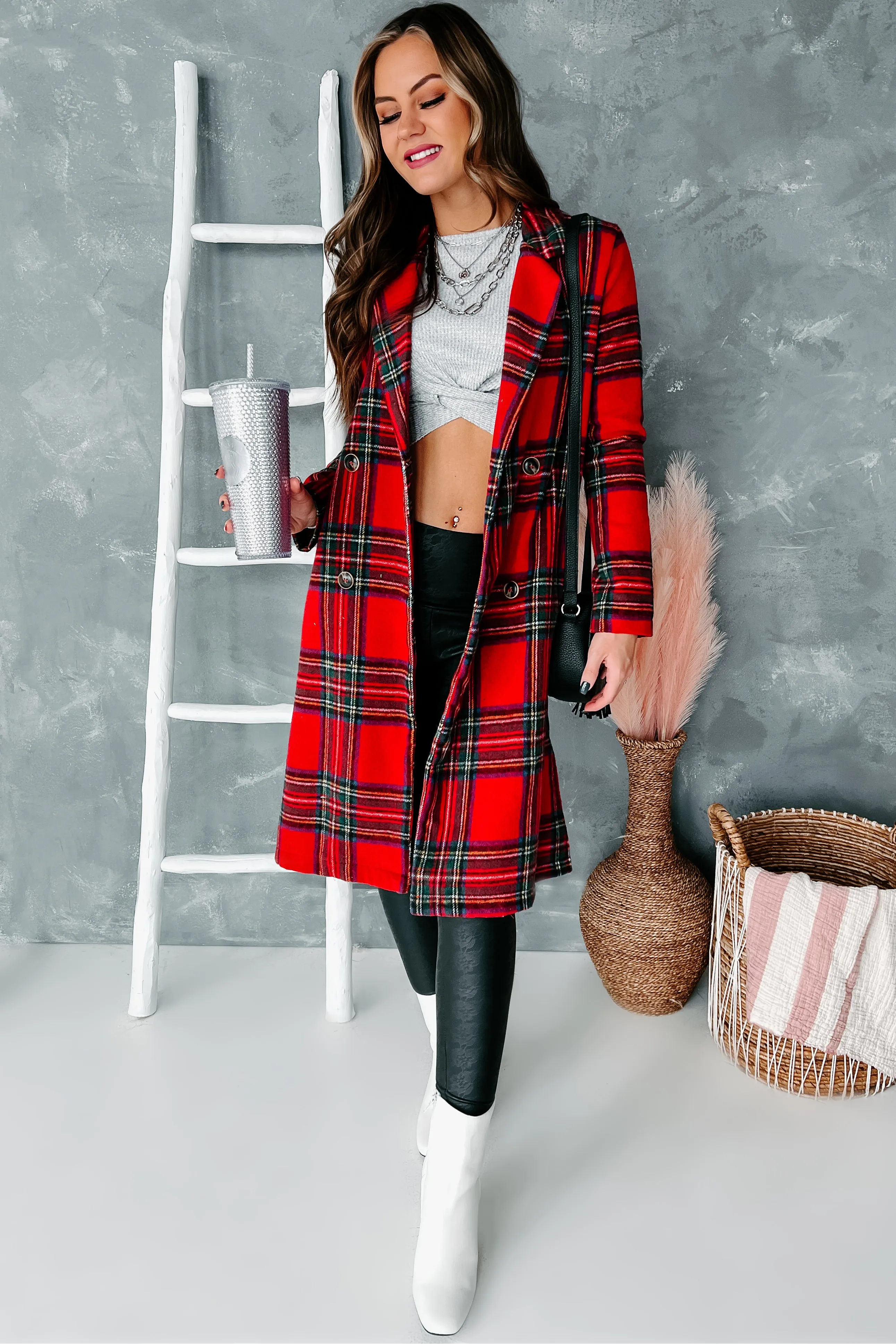 Forever Festive Lightweight Plaid Coat (Red)