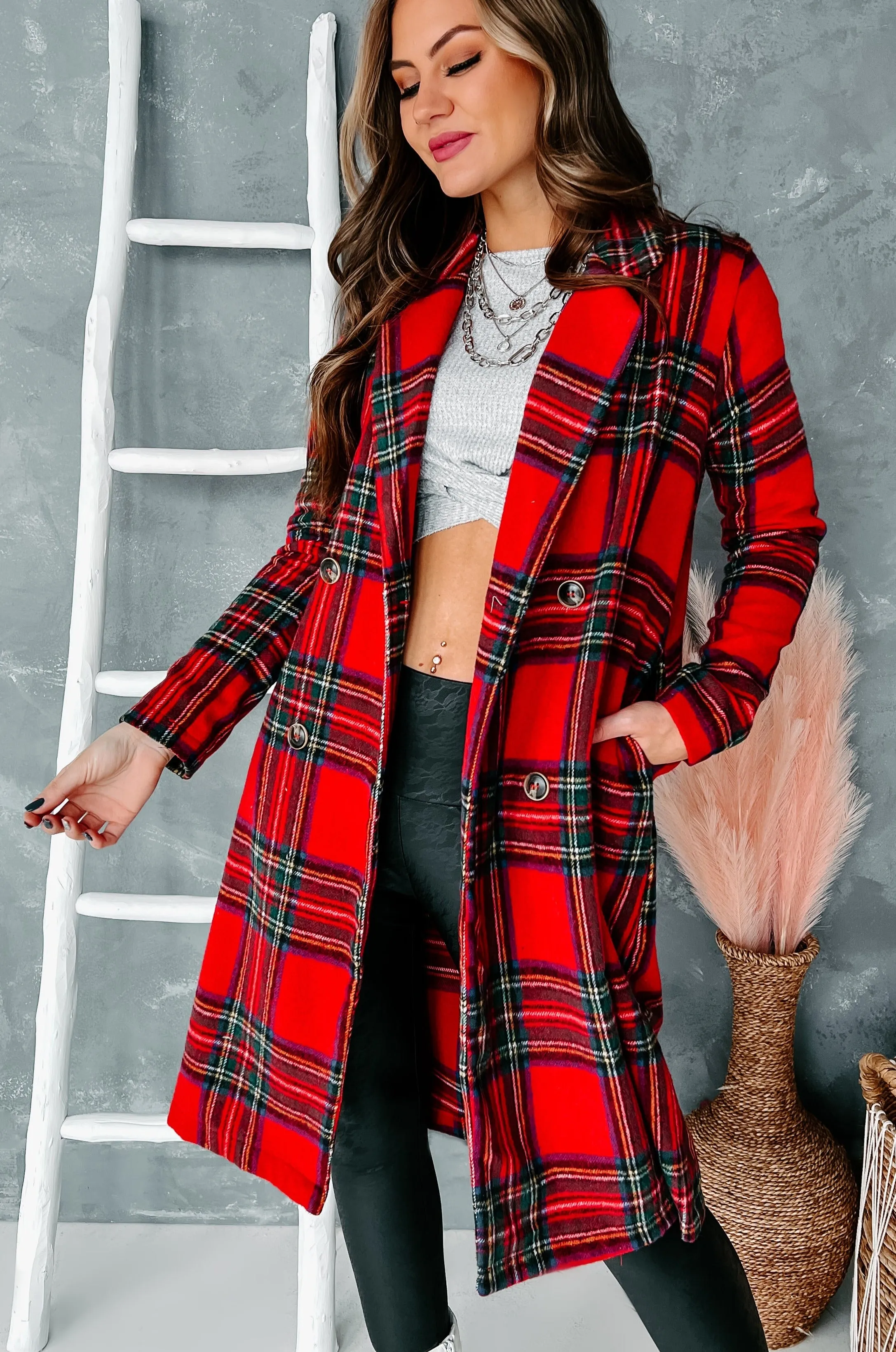 Forever Festive Lightweight Plaid Coat (Red)