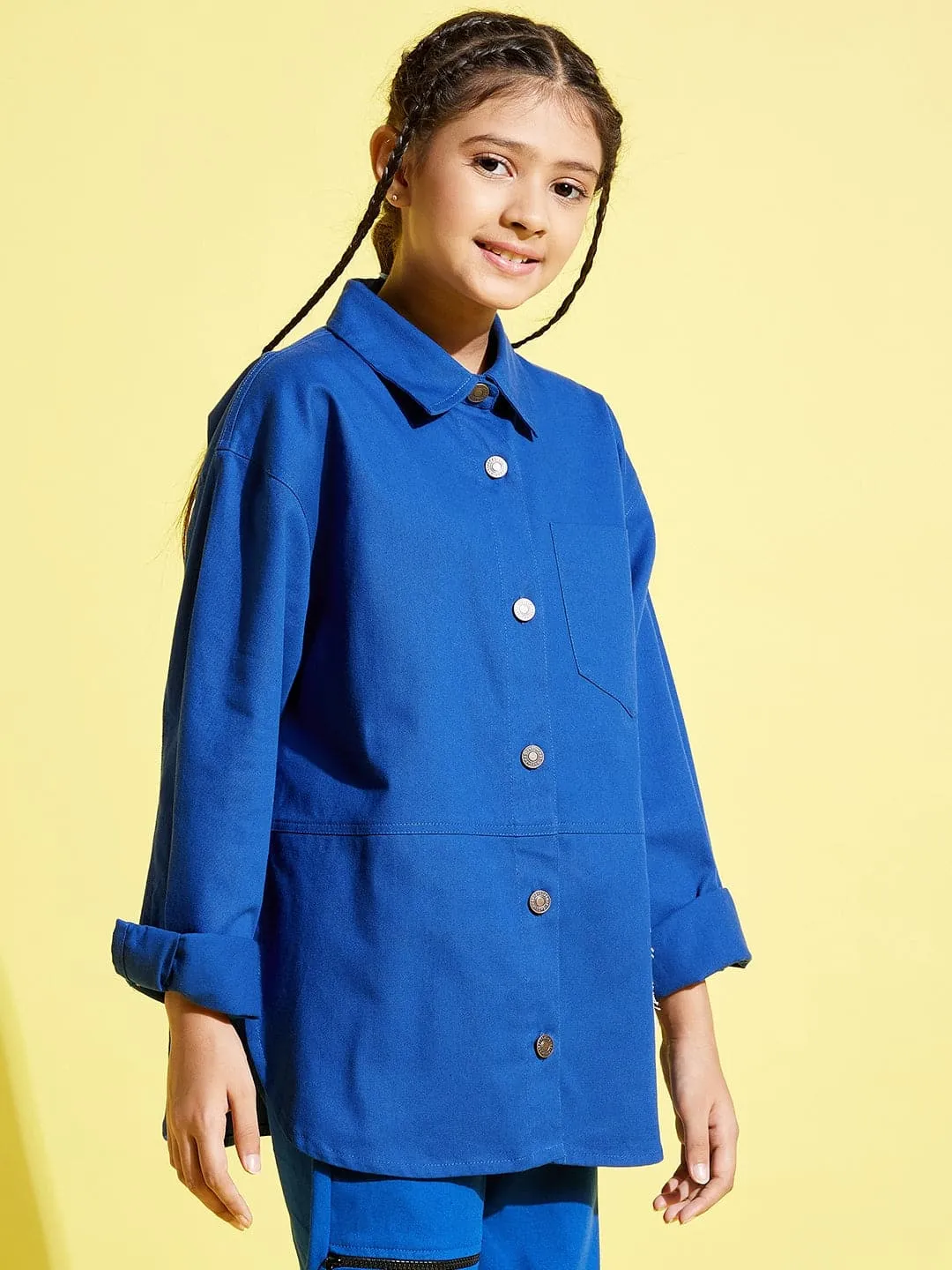 Girls Blue Applique Work Twill Shacket