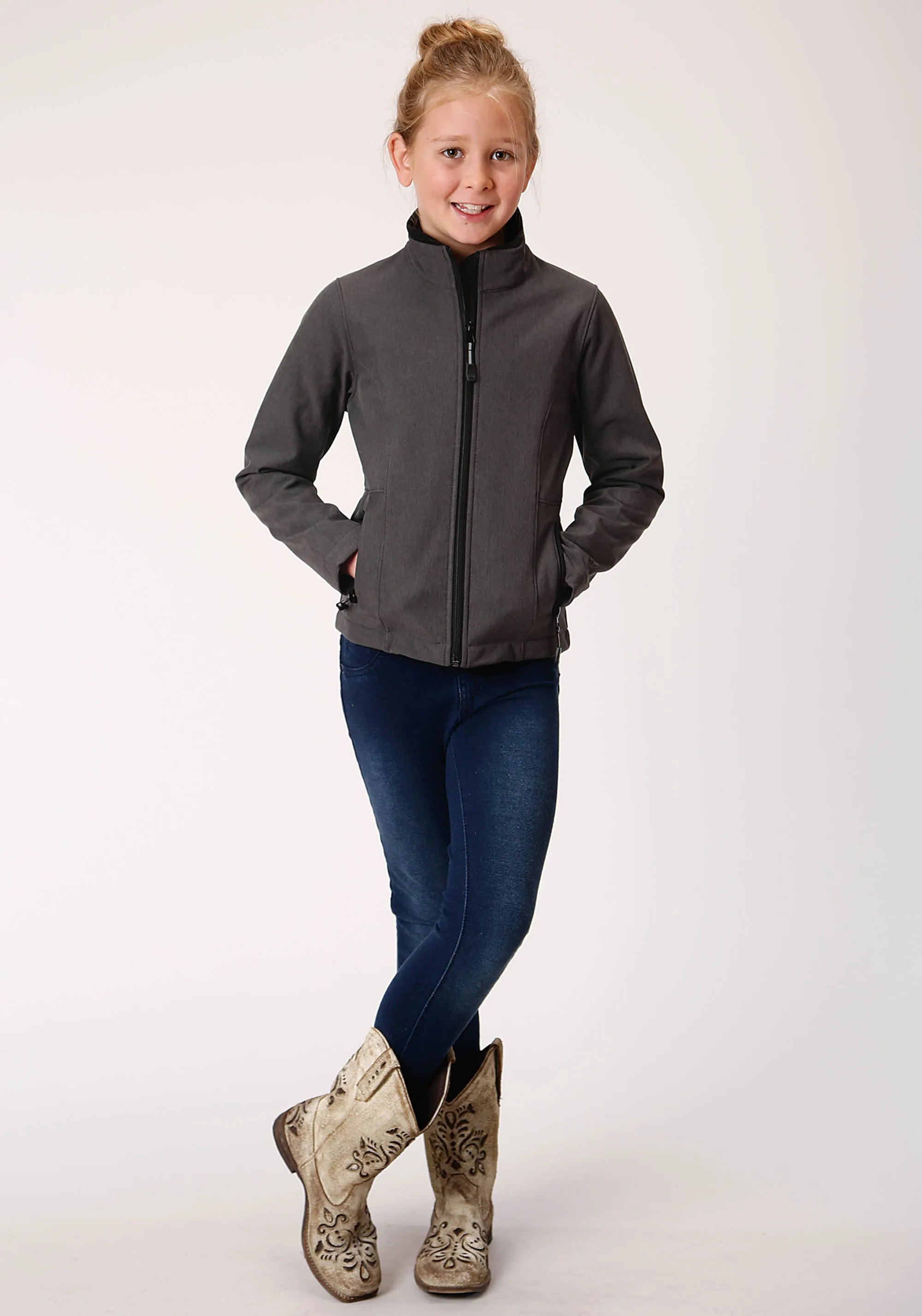 GIRLS HEATHERED GRAY SOFTSHELL WITH GRAY FLEECE LINING ZIP FRONT JACKET