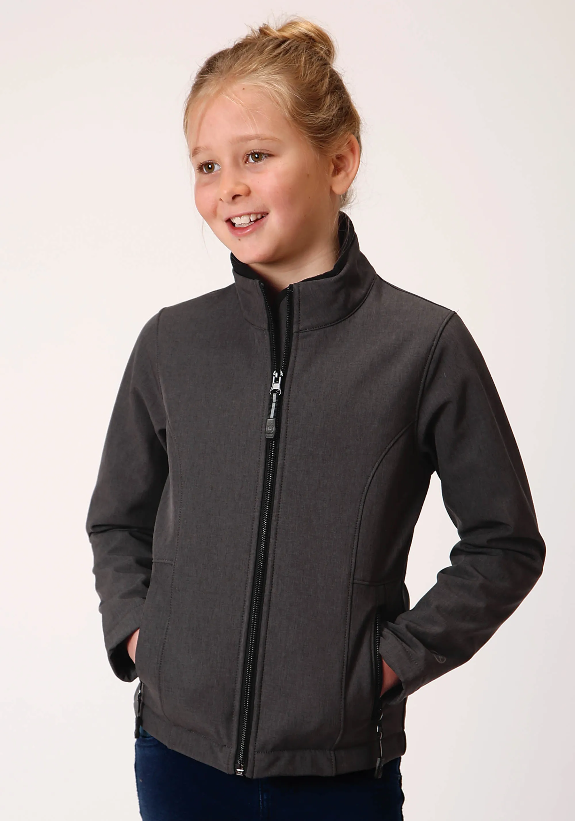 GIRLS HEATHERED GRAY SOFTSHELL WITH GRAY FLEECE LINING ZIP FRONT JACKET