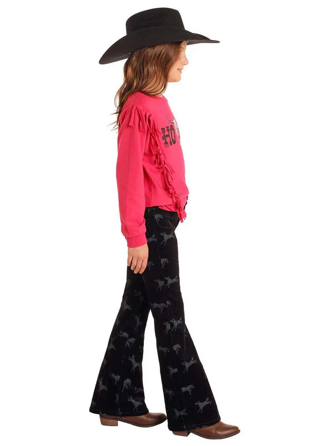 Girl's Rock & Roll Horse Print Corduroy Flare Jean