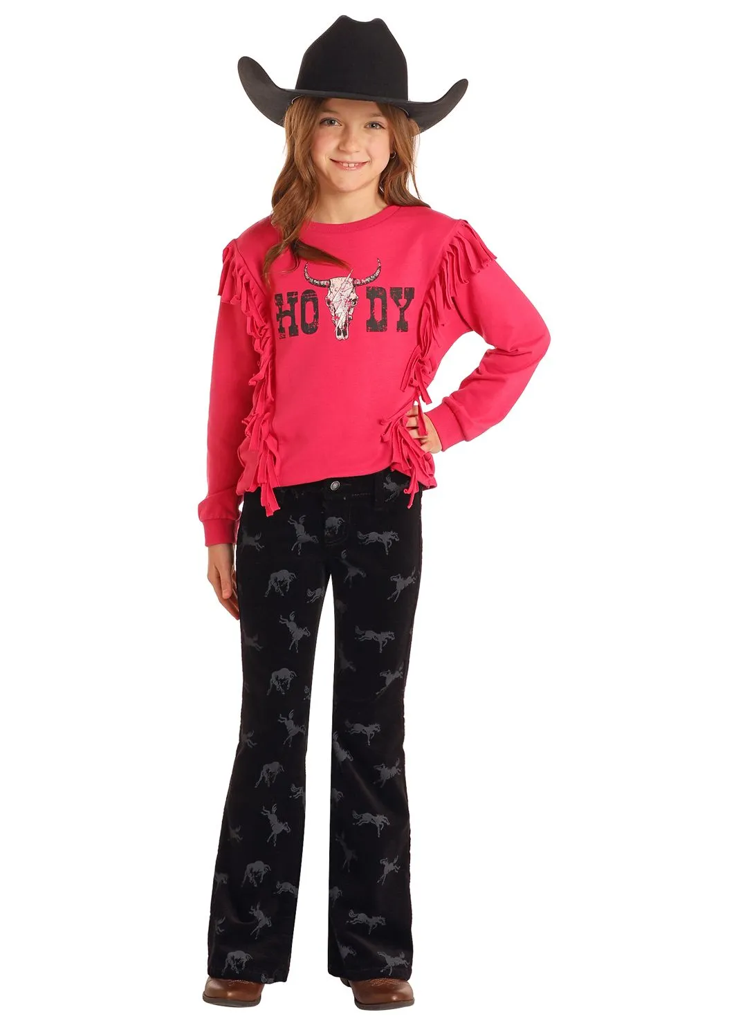 Girl's Rock & Roll Horse Print Corduroy Flare Jean