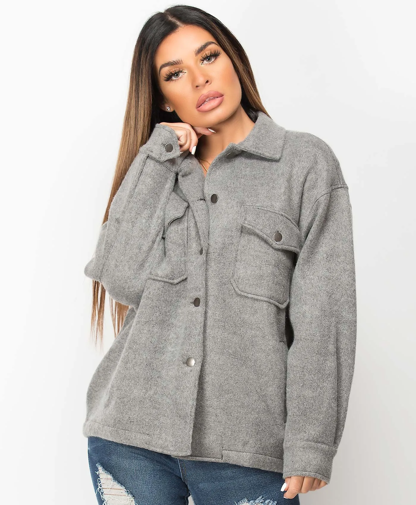 Grey Fleece Oversized Plain Shirt Shacket