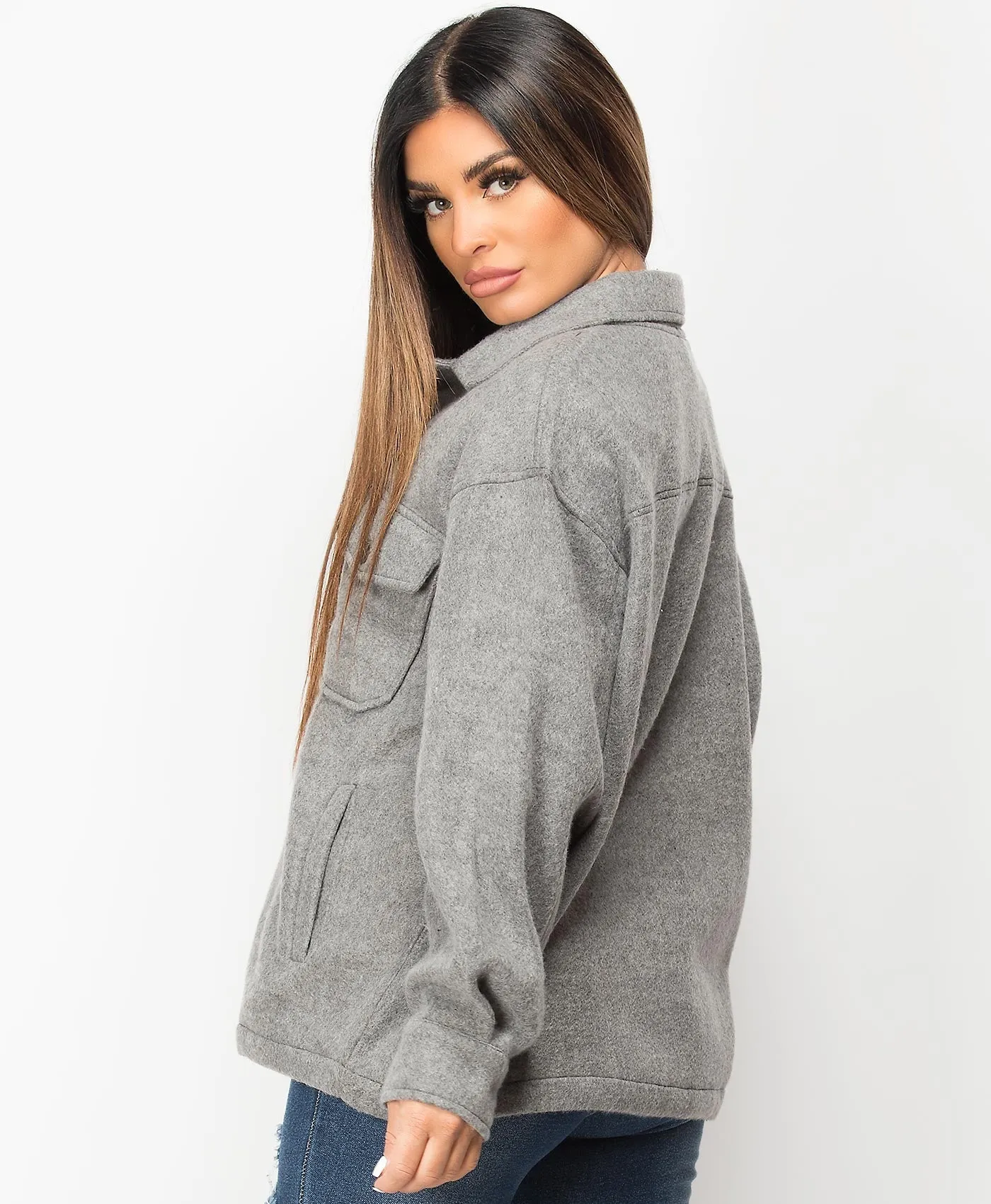 Grey Fleece Oversized Plain Shirt Shacket