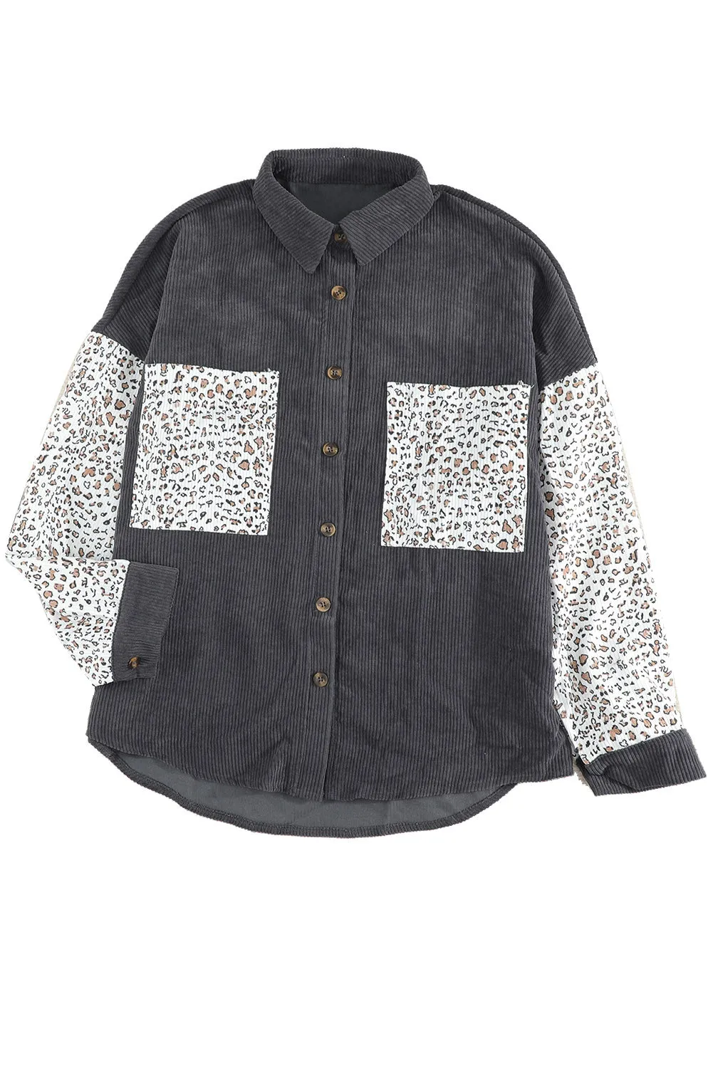 Grey Leopard Patchwork Casual Buttoned Corduroy Shirt Shacket