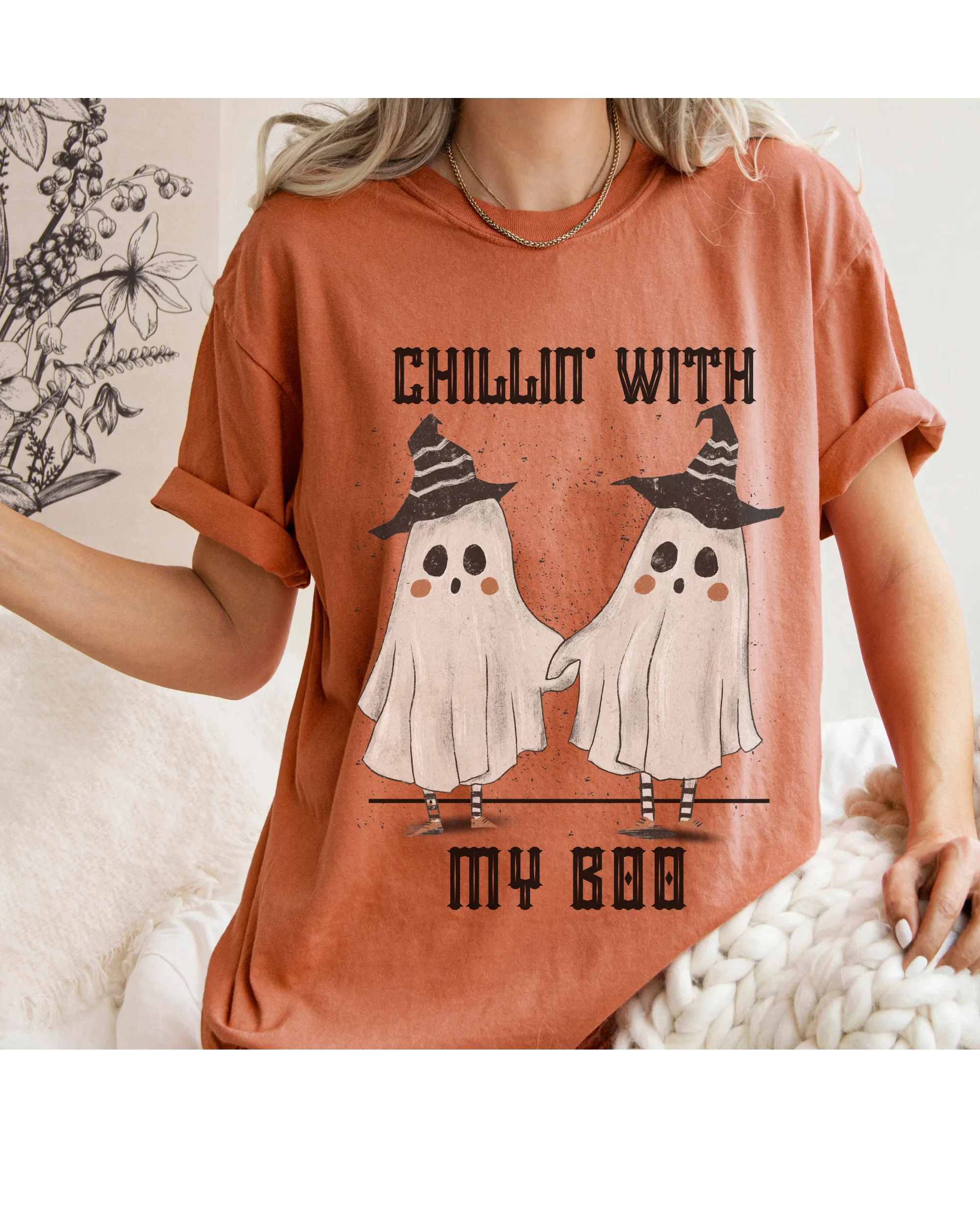 Halloween Comfort Colors® T-Shirt, Chillin' With My Boo Women's Gothic Creepy Design T-Shirt