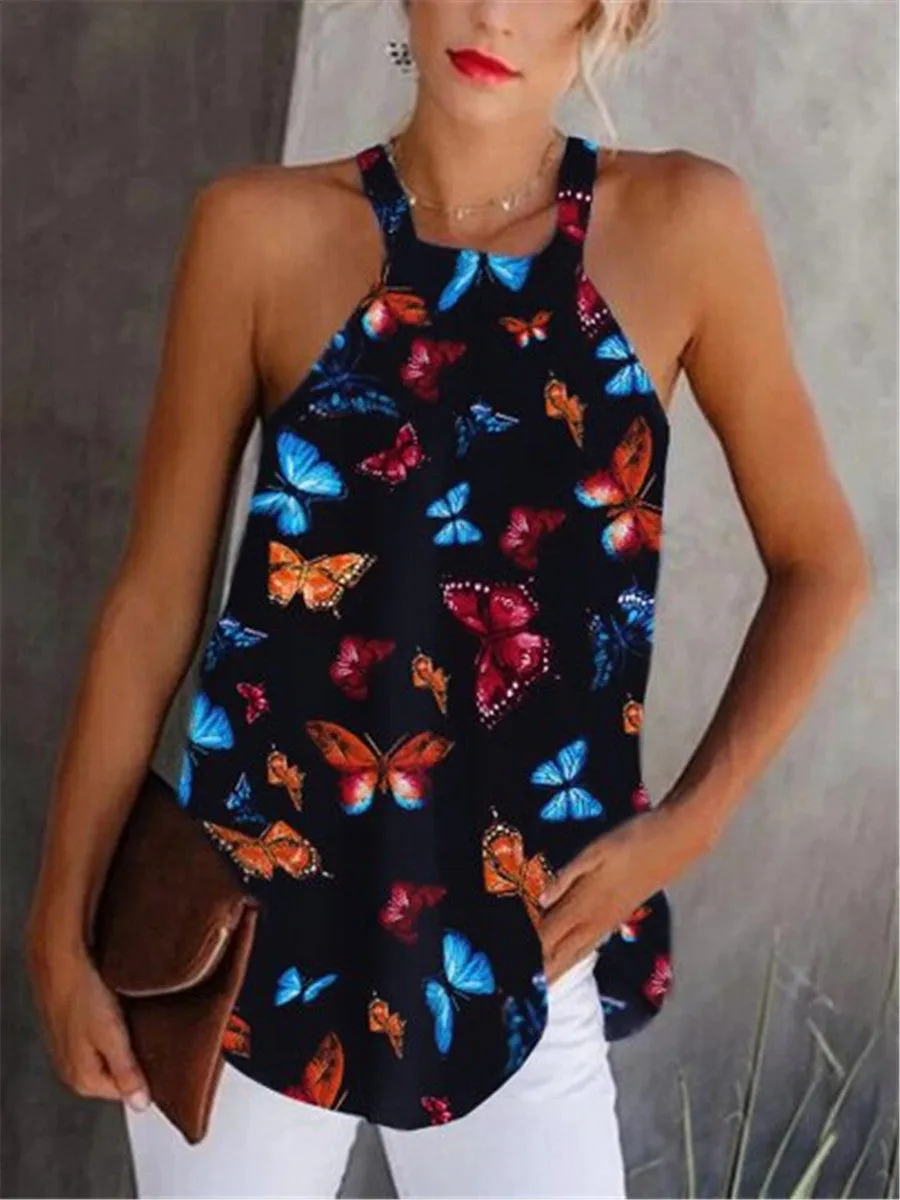 Halter Butterfly Print Top Tank & Camisole