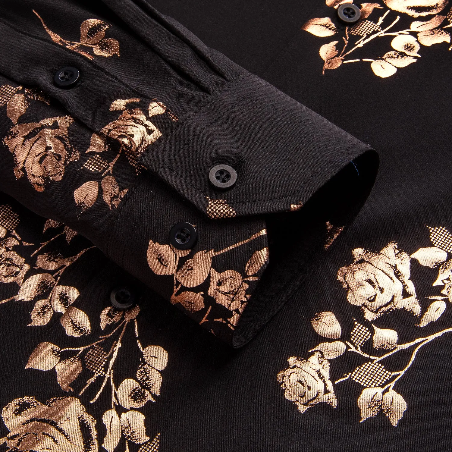 Hi-Tie Black Floral Top Rose Gold Floral Silk Men's Long Sleeve Shirt