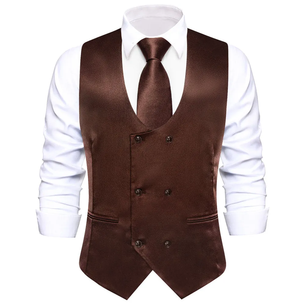 Hi-Tie Dark Brown Solid U-Neck Double-Breasted Vest Set