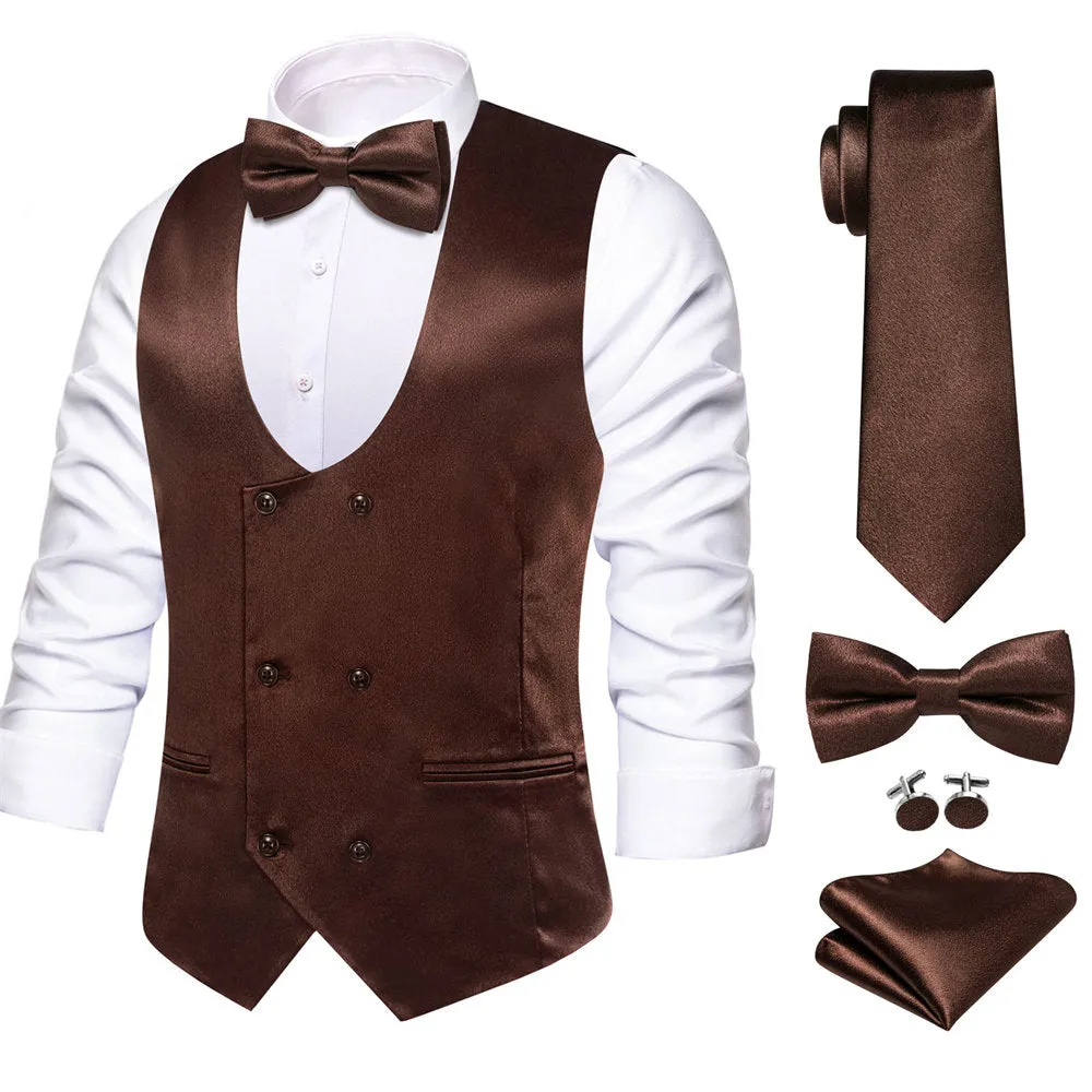 Hi-Tie Dark Brown Solid U-Neck Double-Breasted Vest Set