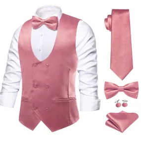 Hi-Tie Rubby Pink Solid U-Neck Double-Breasted Vest Set