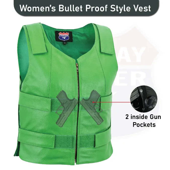 HL14945Green  WOMEN Bulletproof Style Leather vest designs for Bikers Clubs