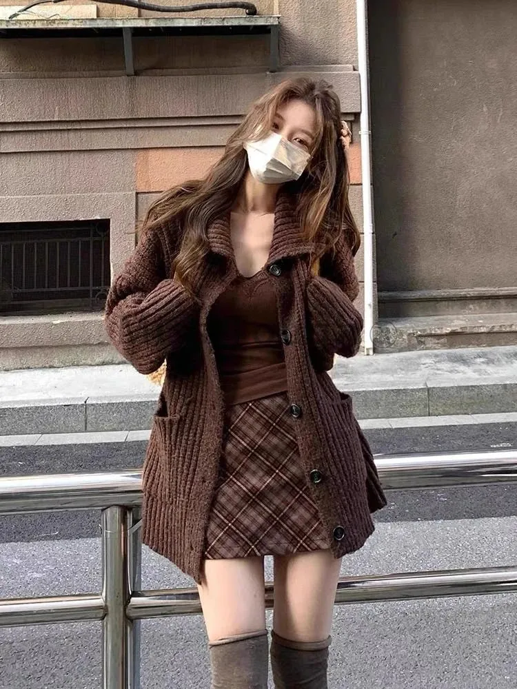 Hnewly comfy outfits winter Preppy Style Sweet New 3 Piece Set Women Vintage Elegant Knitted Skirt Suit Female Korean Fashion Plaid Casual Sets Winter