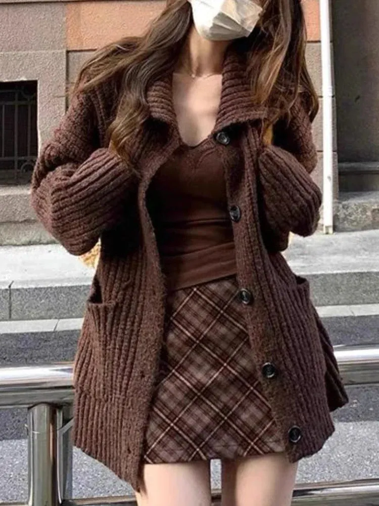 Hnewly comfy outfits winter Preppy Style Sweet New 3 Piece Set Women Vintage Elegant Knitted Skirt Suit Female Korean Fashion Plaid Casual Sets Winter