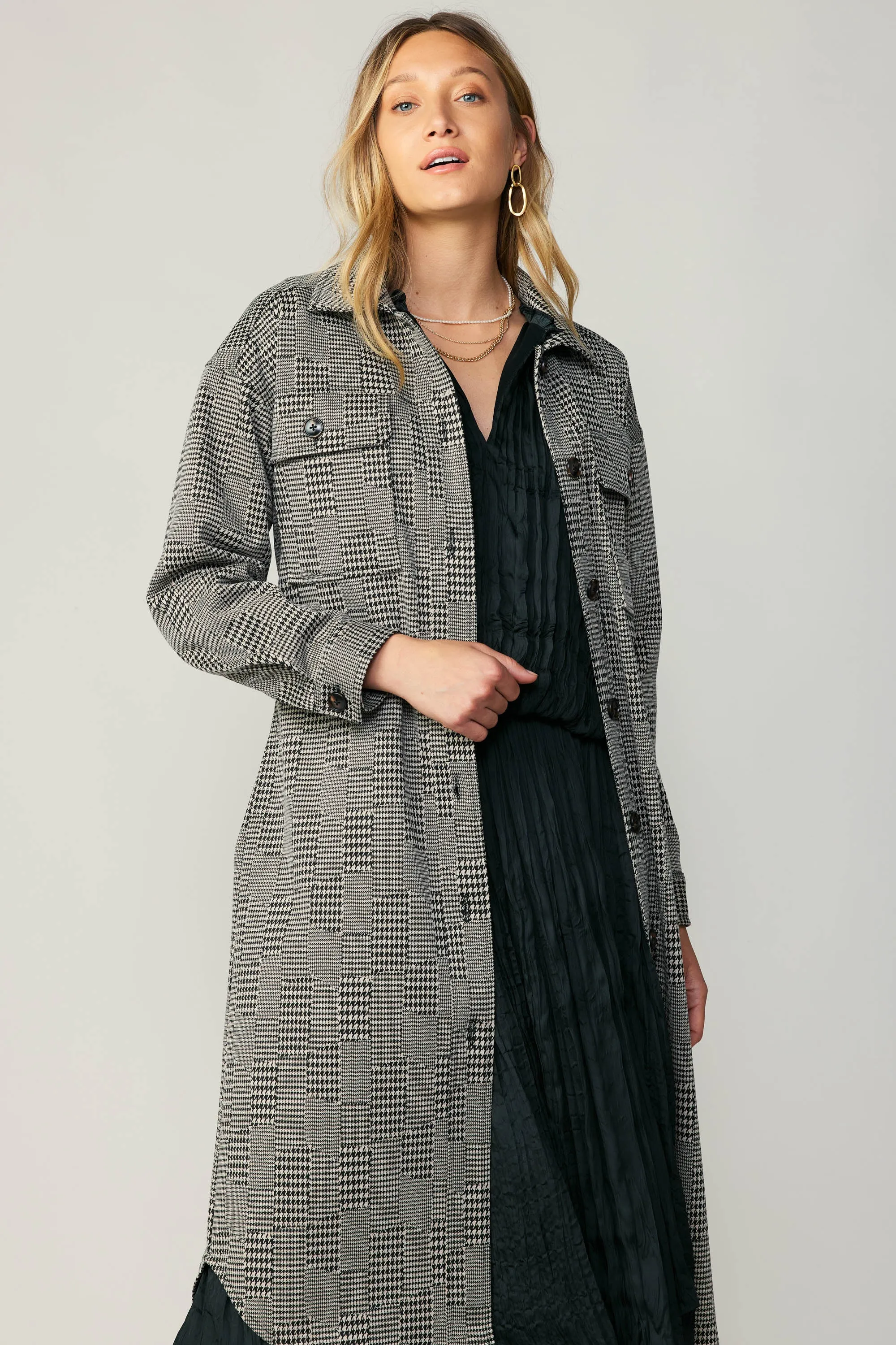 Houndstooth Long Shacket Coat